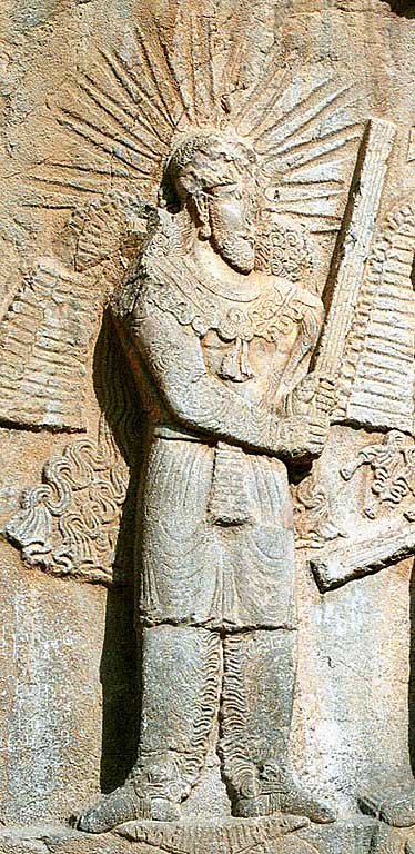 Mithra wearing a crown of sun rays; Taqwasân or Taq-e Bostan or Taq-i-Bustan, Sassanid Empire, Coronation of Ardeshir II, c. 4th cent. AD/CE (Photo: Phillipe Chavin)